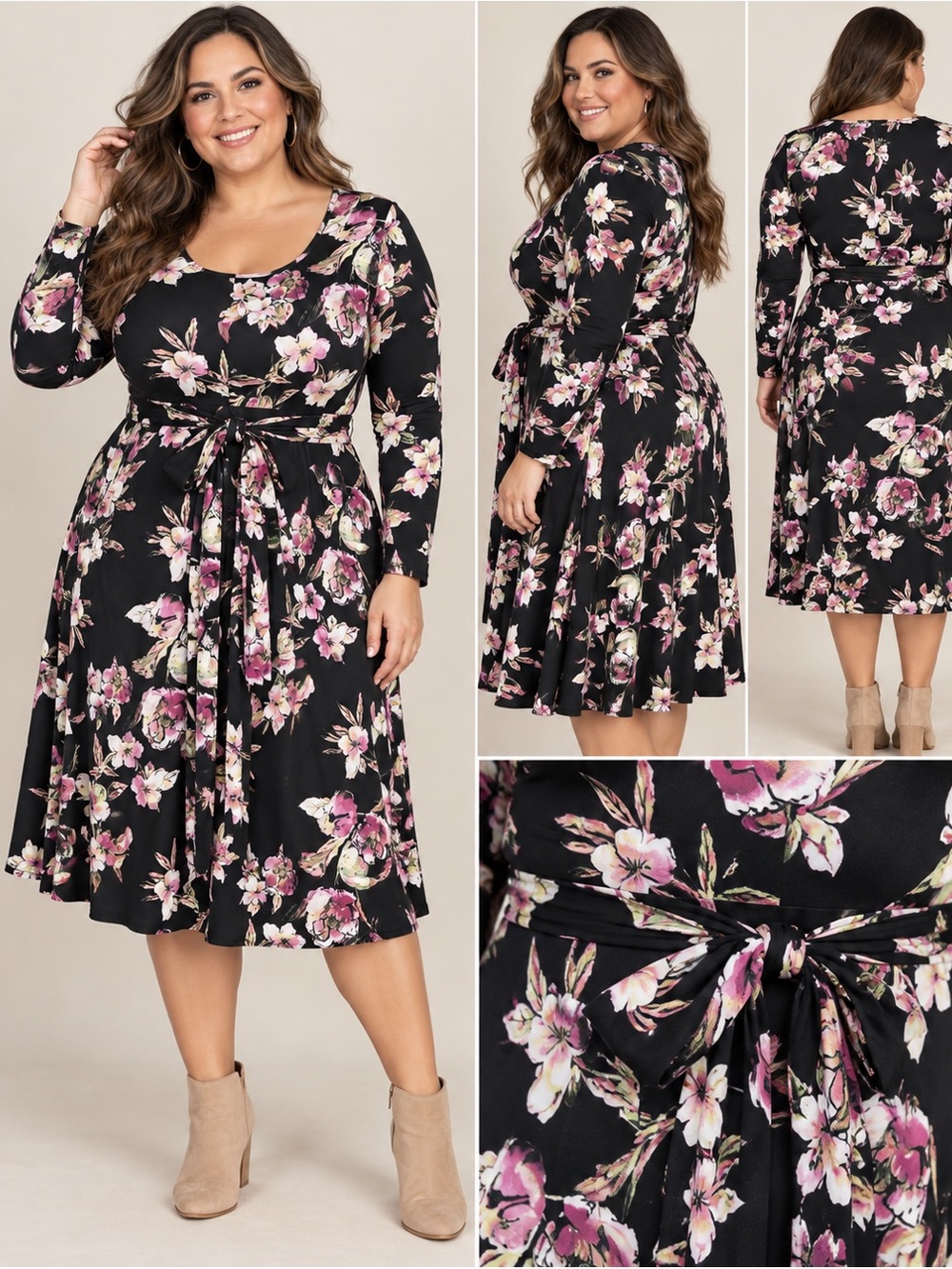 Rachel Rachel Roy Floral Tie Waist Midi Dress Black Pink Size 2X NWT